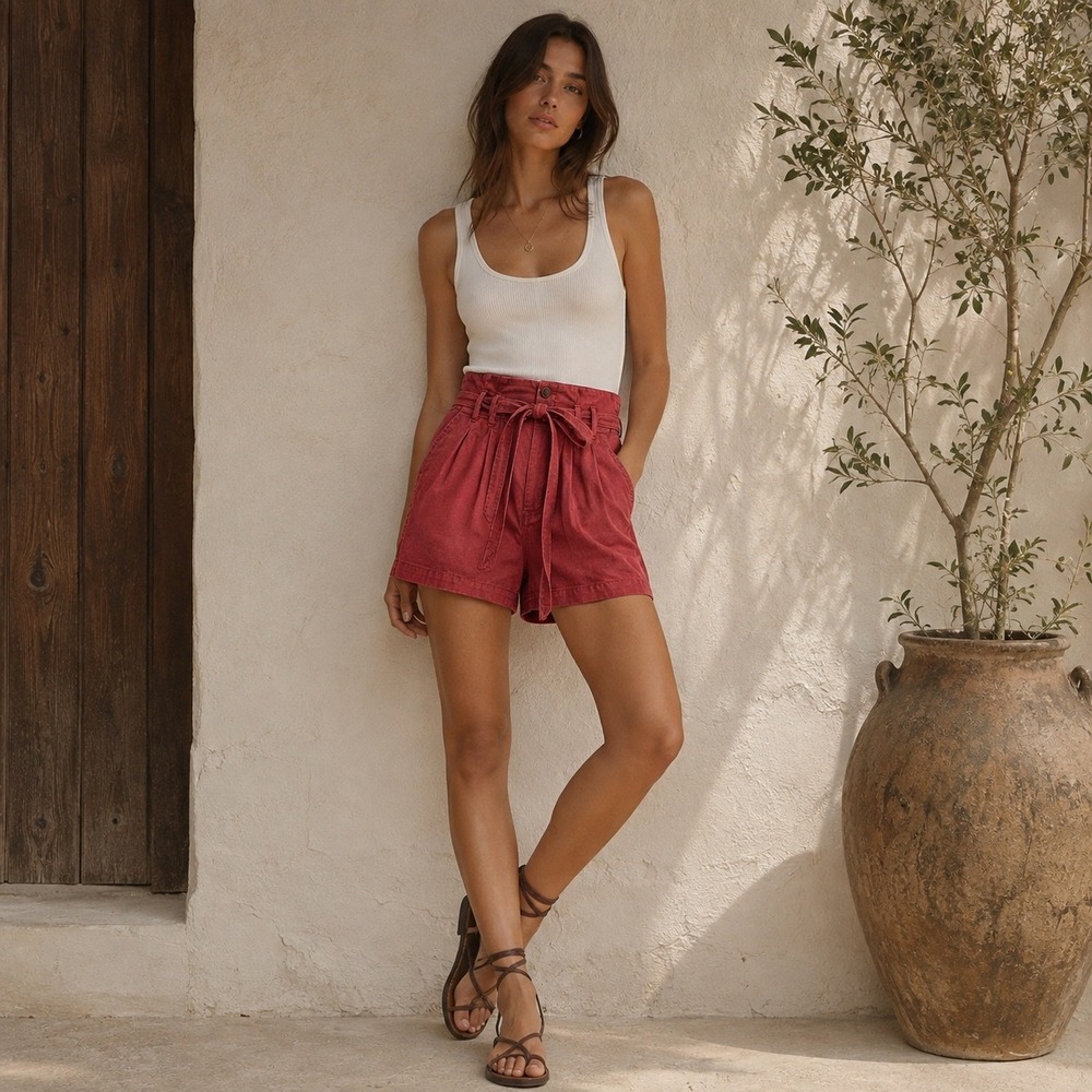 Abercrombie Fitch Red Button Front Paperbag Waist‎ Tie Belted Shorts Size S